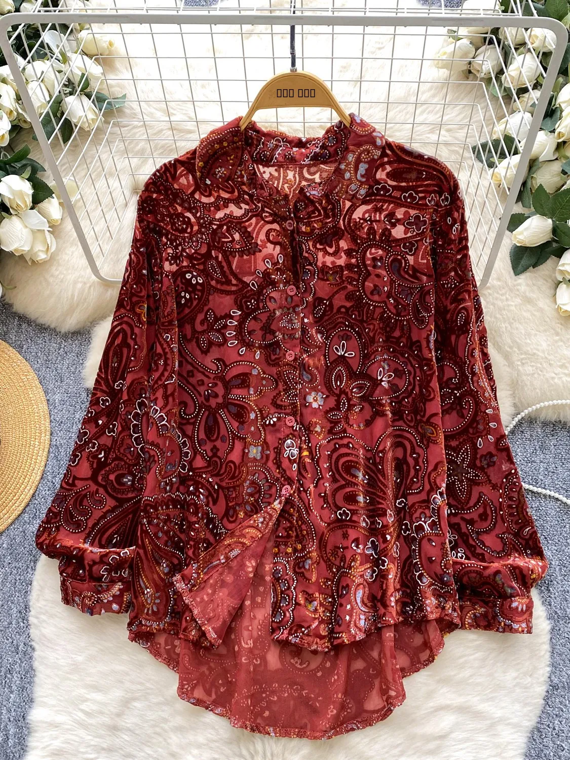 Ele Heavy Embellied Velvet Me irt المرأة فضفاضة التخسيس عادية متعددة الاستخدامات Faionable صافي irt للخريف #2