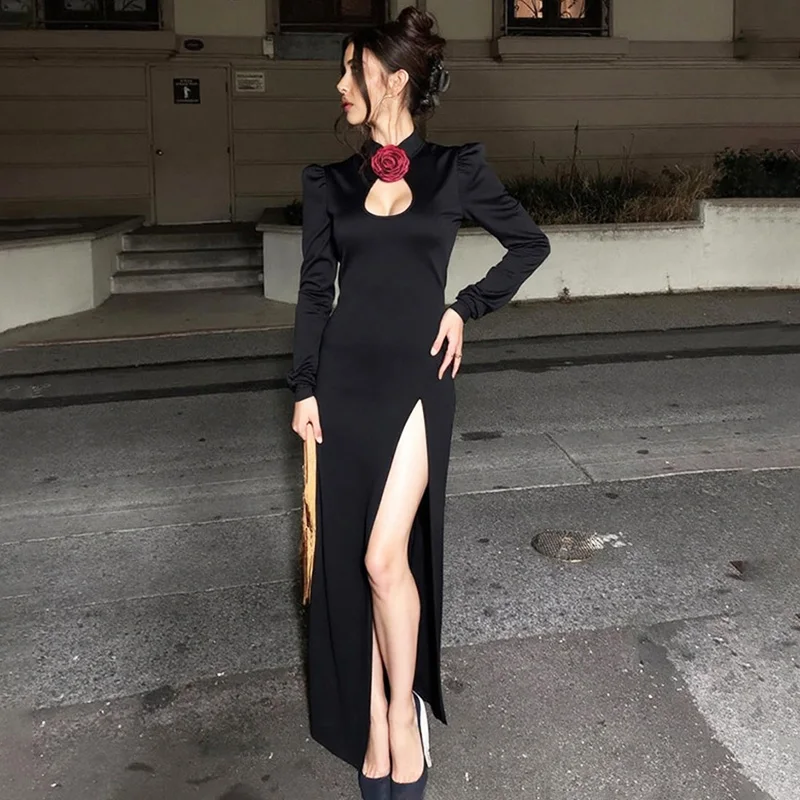 Ticketsx فستان مثير بفتحات واسعة وأكمام طويلة مزين بياقة واقفة فستان نحيل للنساء للخريف فستان سهرة فاخر للحفلات