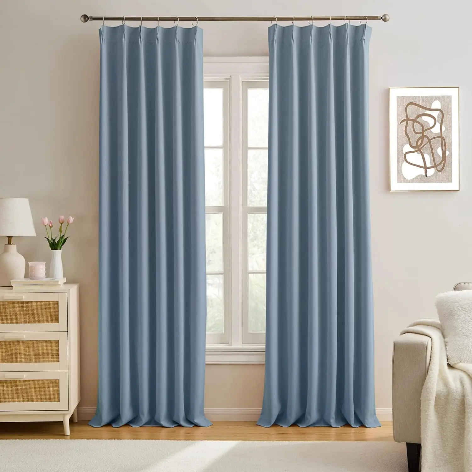 

Dusty Blue Pinch Pleated Curtains 138 Inches Long Room Darkening Draperies Luxury Decor for Living Room Nursery (Stone S
