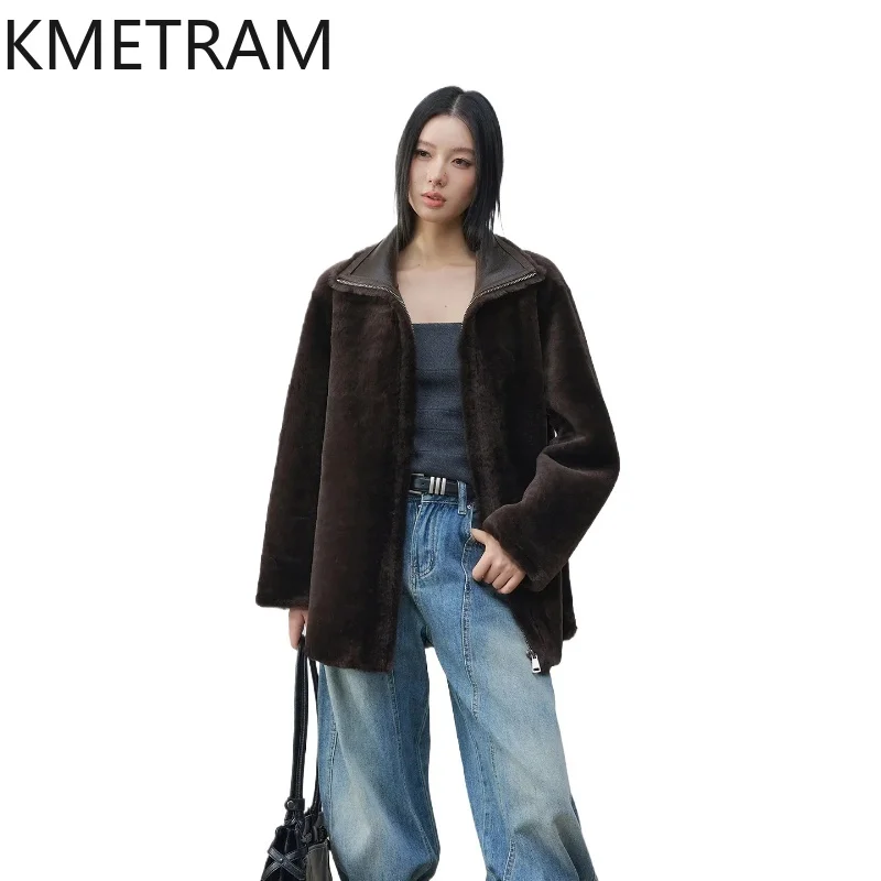 

KMETRAM Natural Merino Sheepskin with Wool Attached Coat Vintage Lapel Real Fur Jacket Woman Clothing Winter Coats 2025 Fourrure