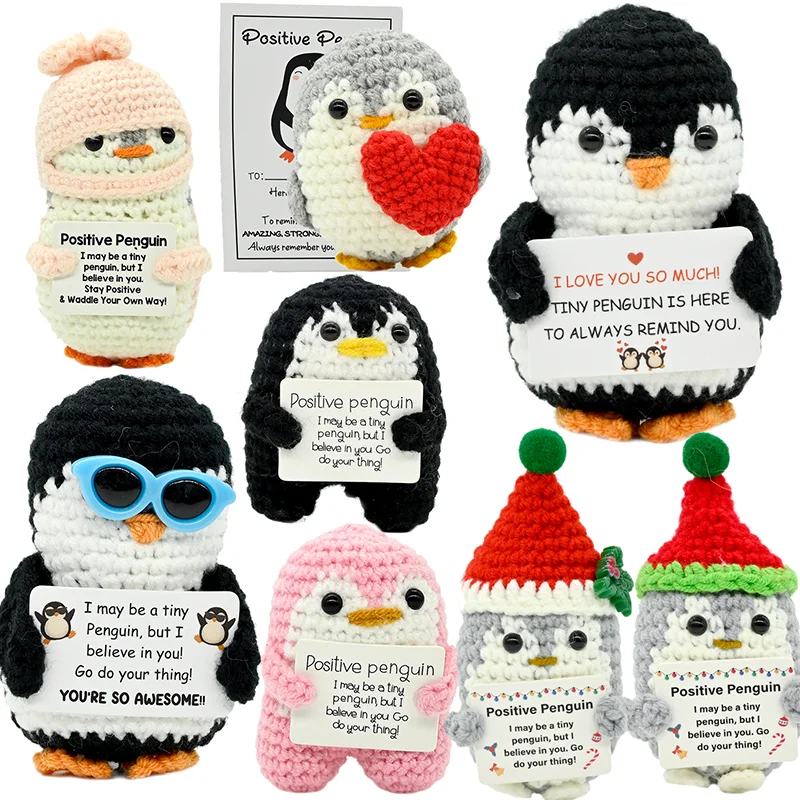 AnimalSeries Positive Energy Penguin Crochet Doll, Handmade Knitted Decor Ornament with Encouragement Card, Mini Desk Decor Gift
