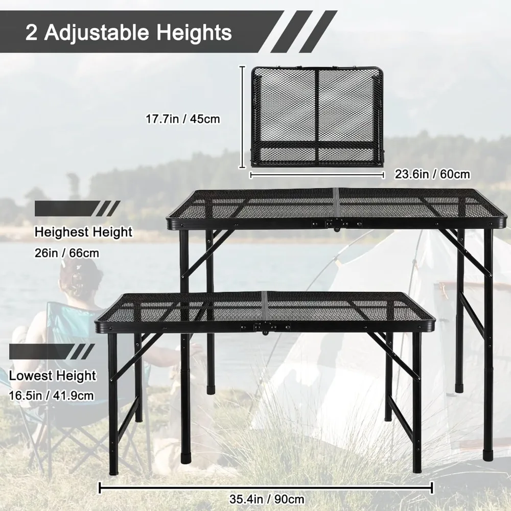 Table de camping pliante portable réglable, table de gril, bureau en maille, léger, 3 pieds, métal, extérieur, recommandé