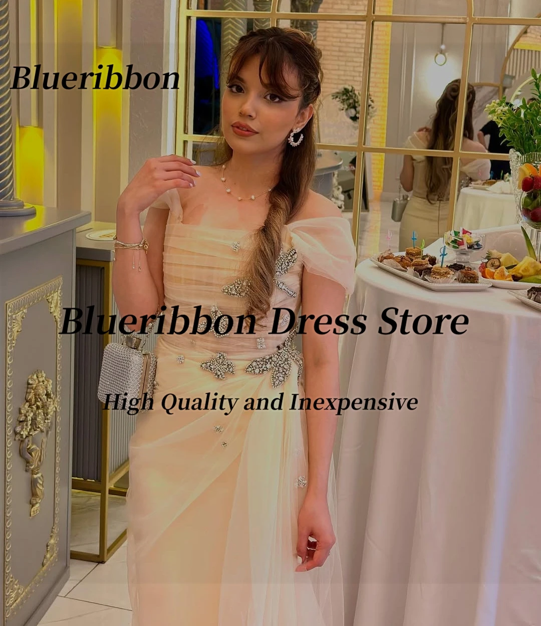 Blueribbon op maat gemaakte galajurken met kralen strapless off-shoulder avondjurken ruches zijsplit tule verjaardagsfeestjurk