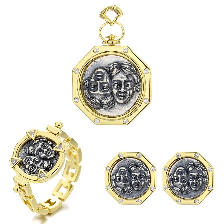 

SZZ ZFSILVER 925 Silver Fashion Gemini Retro Gold Ancient Coin Set Earring Ring Pendant Without Chain Women Wedding Jewelry Gift