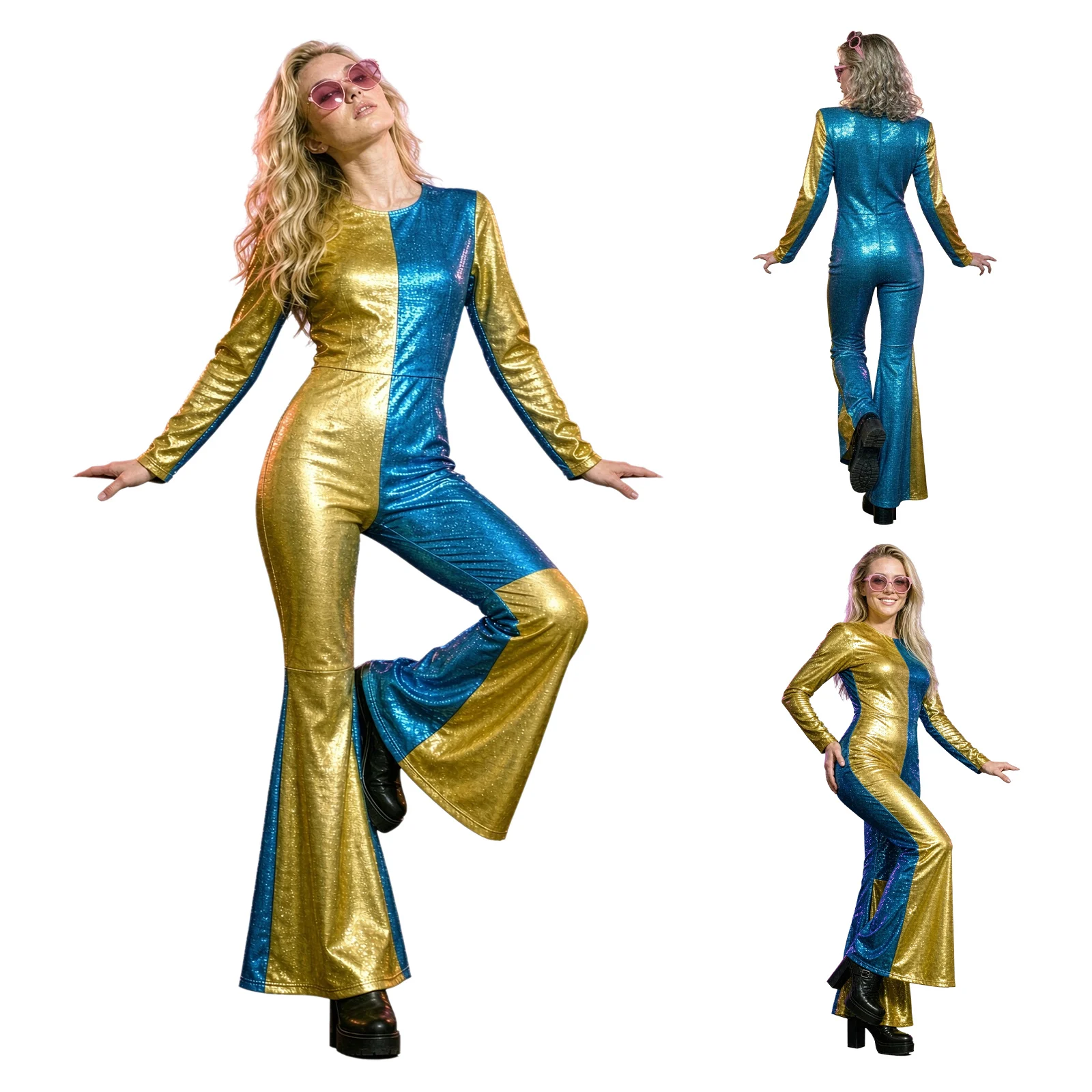 womens-glittery-metallic-jumpsuit-romper-short-sleeve-bell-bottom-color-blocked-bodysuit-for-halloween-cosplay-disco-dance-party
