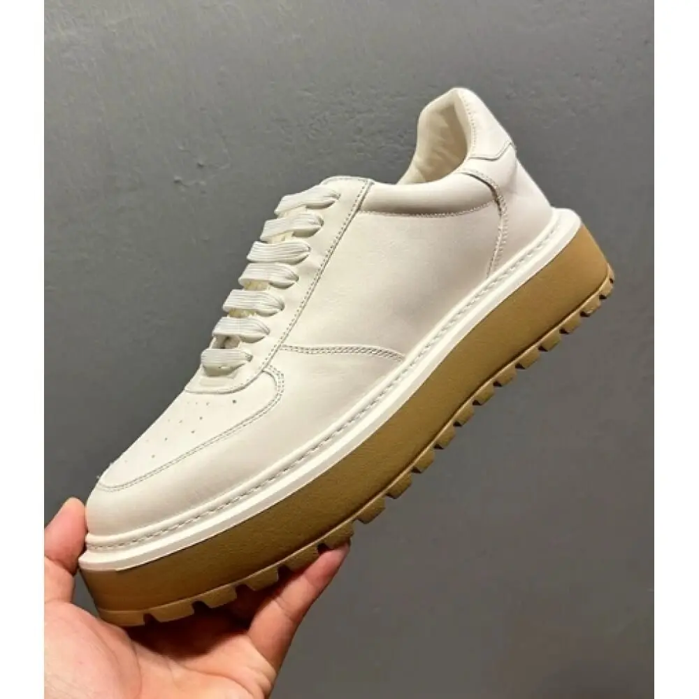 

Pure White Leather Platform Sneakers, with caramel thick sole, stylish and versatile