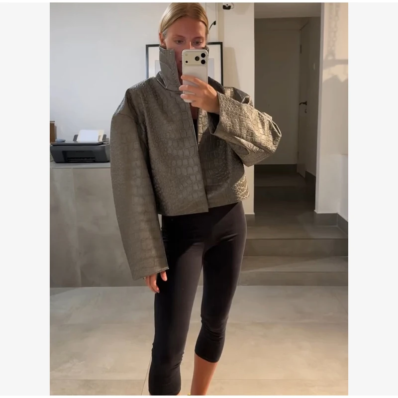 Crocodile Embossed Faux Leather Long Jackets Chic Wide Lapel Belted Waist Quarter Sleeve Loose Coat Women Street Chic Outfits