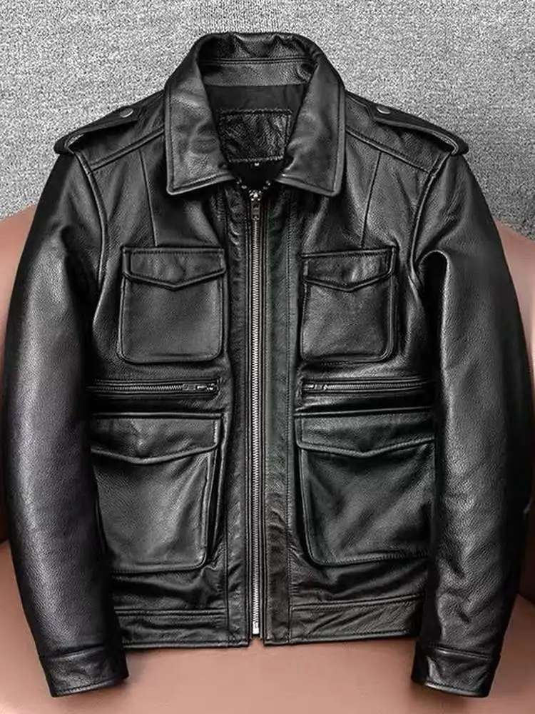 

Мужская кожаная куртка Sli M65 для охоты, высококачественная, универсальная, средней длины, с отложным воротником, приталенная, в стиле байкерской куртки Haome