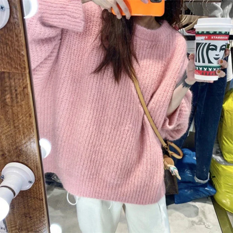 Gentle Baggy ถักเสื้อกันหนาวผู้หญิงรอบคอเสื้อกันหนาวสําหรับสาวฤดูใบไม้ร่วงฤดูหนาวทุกวัน Kawaii วัยรุ่นแฟชั่นเสื้อผ้าสไตล์เกาหลี