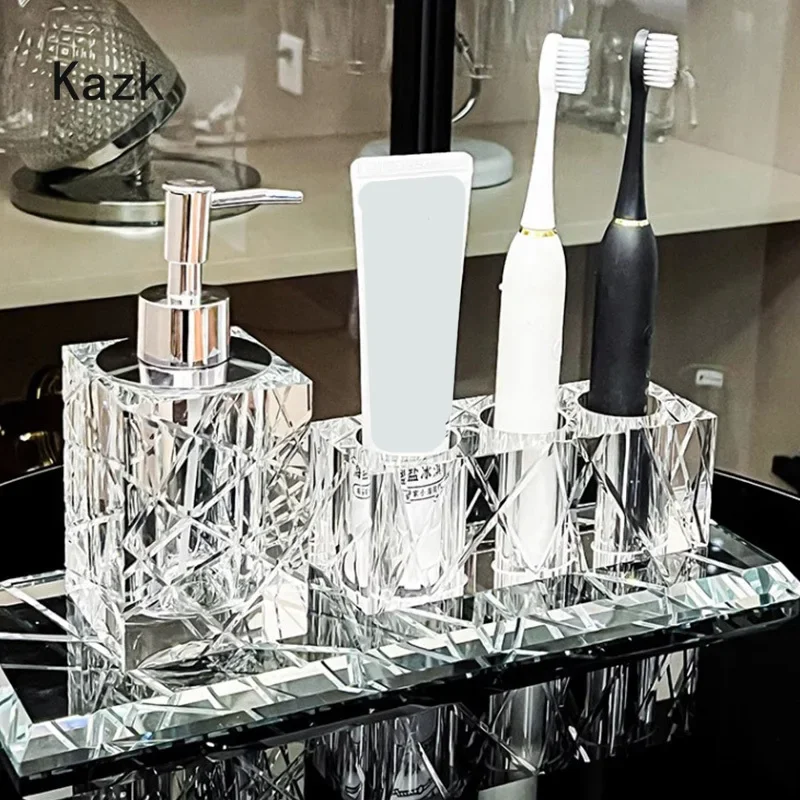 Advanced Crystal Bathroom Accessories Light Luxury Hotel Cutting Glass Toothbrush Holder Bathroom Storage Tray Cotton Swab Box