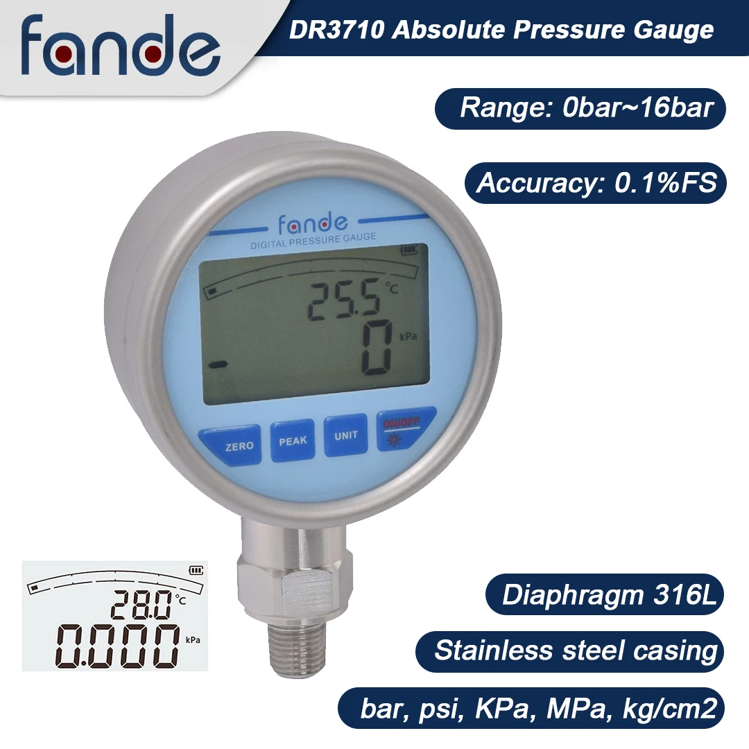 FANDE Absolute Pressure Gauge High Accuracy 0.1%FS Stainless Steel Case For Air Gas Water Oil Diamter 80mm