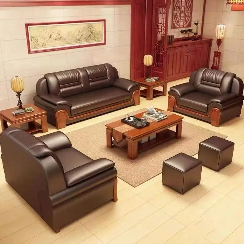 Simple modern boss office sofa reception leather business office sofa coffee table combination three people