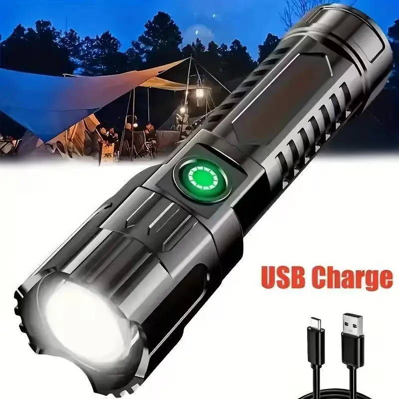 New High-power Led Flashlight USB Rechargeable Torch Zoomable Light with Built-in Battery Camping Hiking Lantern Emergency Lamp