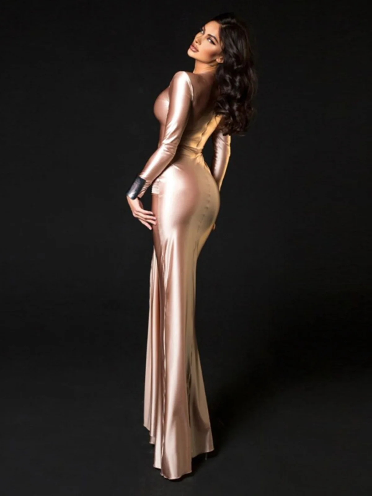 Ele Splice Long Sve Dr Faionable Tie Waist Slim Fit round Ne High Waist Polyester Fiber Medium Stretch Autumn W...