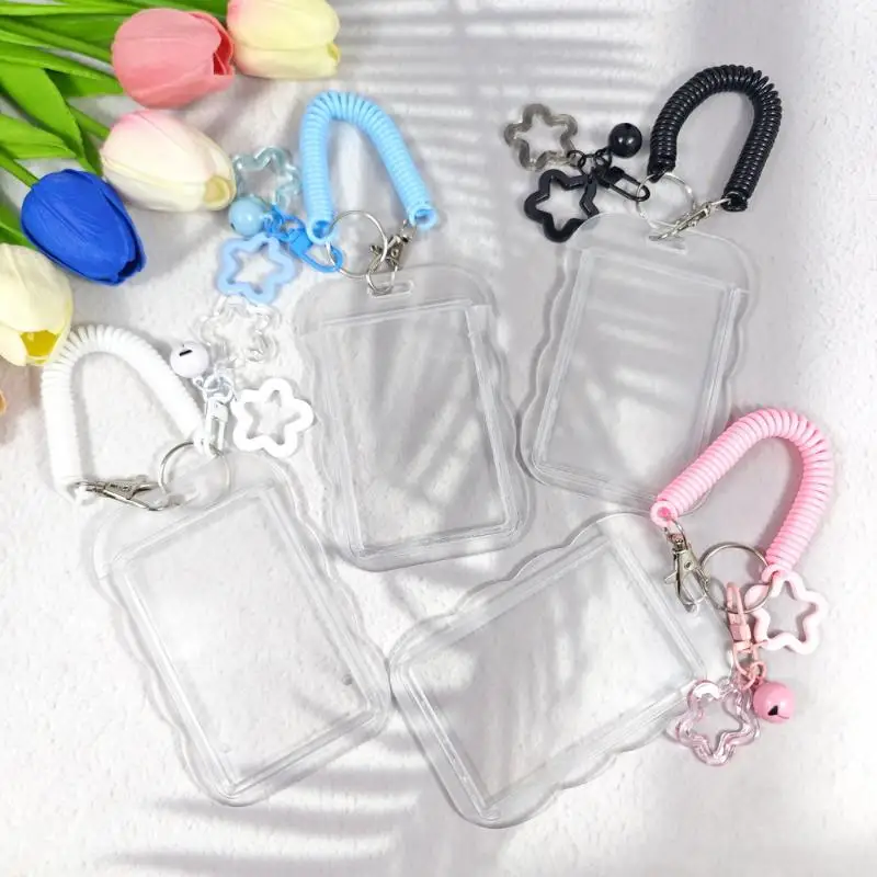 Transparent Kpop Photocard Protective Case with Cute Star Keychain for ID Credit Card School Backpack Decor