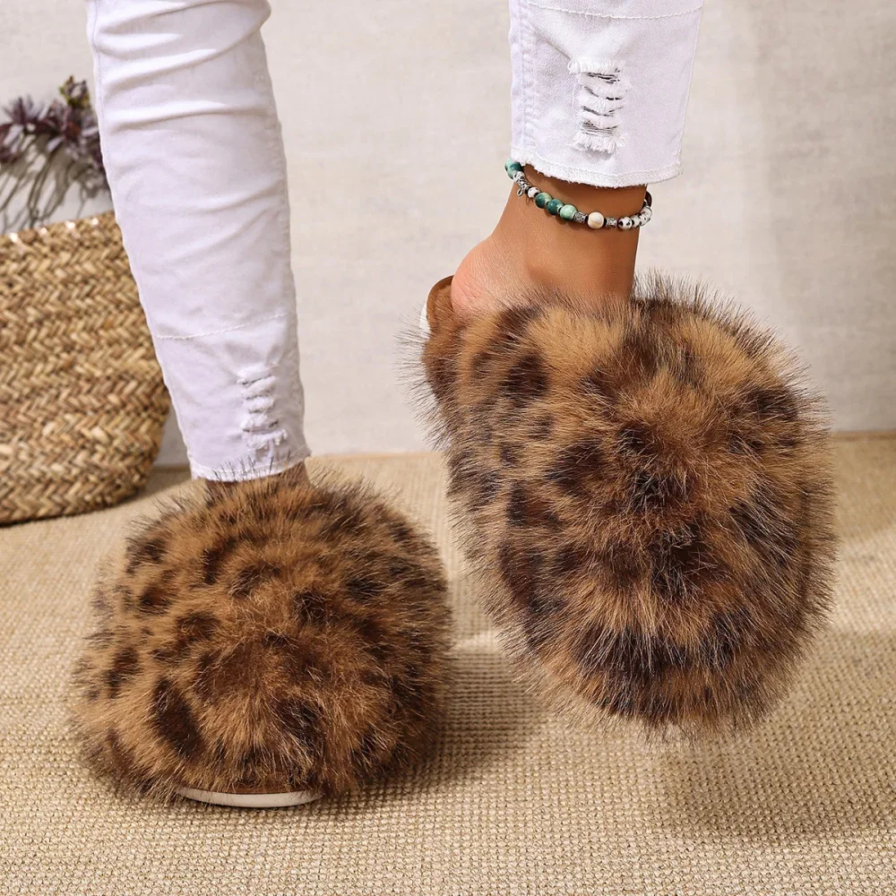 Damen Warme Hausschuhe Plüsch Leopardenfell Flauschige Pantoffeln Große Größen Geschlossene Zehenpartie Flache Sandalen Weiche Bequeme Schuhe für Frauen – Detail 30