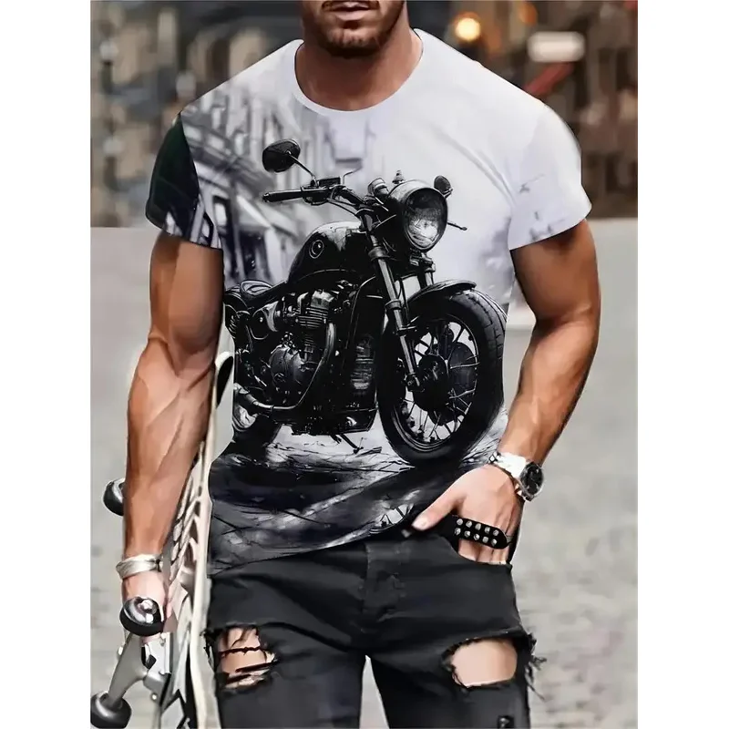 

2024 New Motorcycle Graphic T-shirt Fashion Men's Vintage 3D Print Short Sleeve Crew Neck Tee Top Oversized Street Trend T shirt