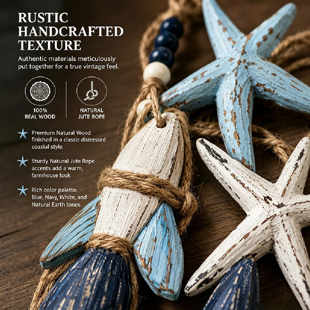 1Set Sea Wooden Nautical Wall Decor Coastal Starfish Bathroom Decor, Driftwood Beach Room Decor for Home Indoor Outdoor, Bedroom