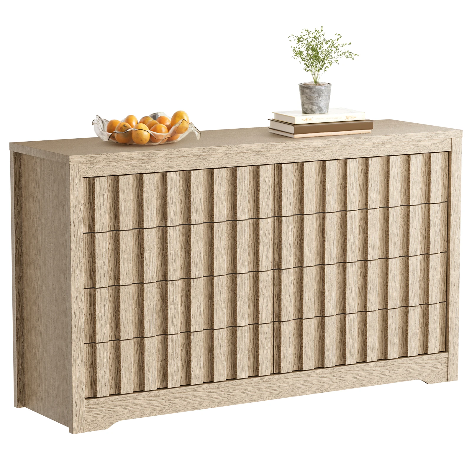 Modern Fluted 8-Drawer Dresser – Handleless Wooden Chest, Deep Storage, Bedroom Clothes Organizer, Natural Oak Finish – Perfect for Living Room or Hallway