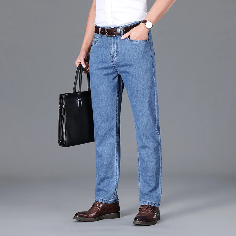 High Quality Jeans Men Spring Summer 100%Cotton Classics Business Straight Denim Pants Dark Blue Trousers Male Plus Size 40 42