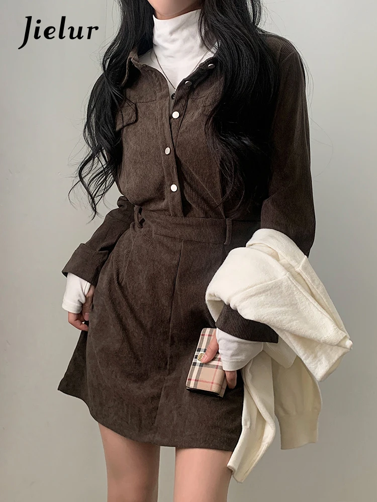 Jielur Spring New Solid Color Slim Woman Dress Sweet Elegant Ladies Women Dress Black Khaki Dark Coffee Fashion Street Dresses