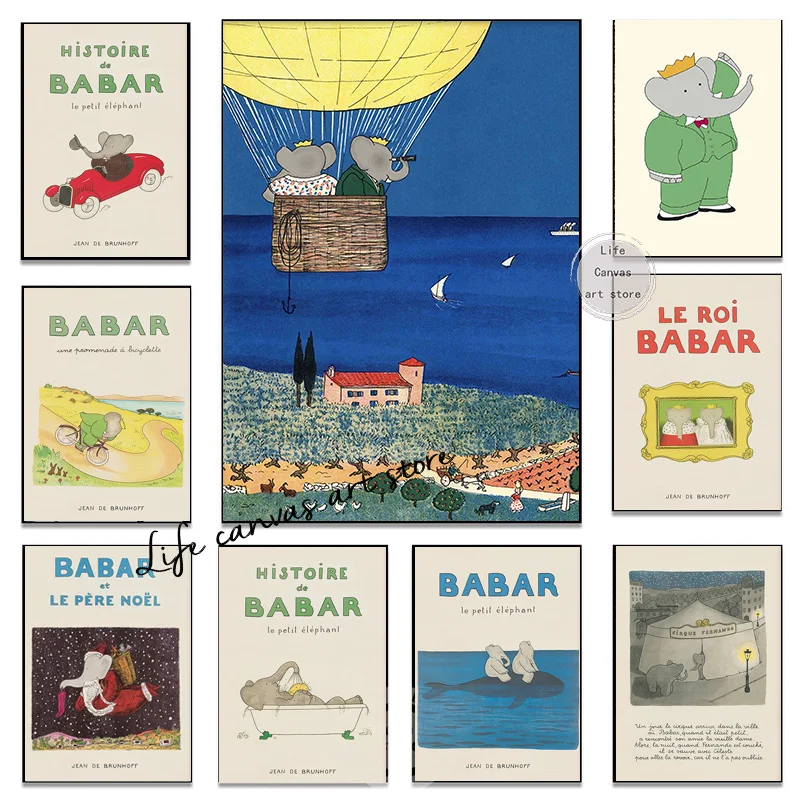 لوحة فنية عتيقة على شكل رسوم متحركة لبابار الفيل بابار لو بيتيت ايليفن ، لوحة قماشية ، صورة مطبوعة على الحائط ، غرفة الحضانة ، ديكور المنزل #1