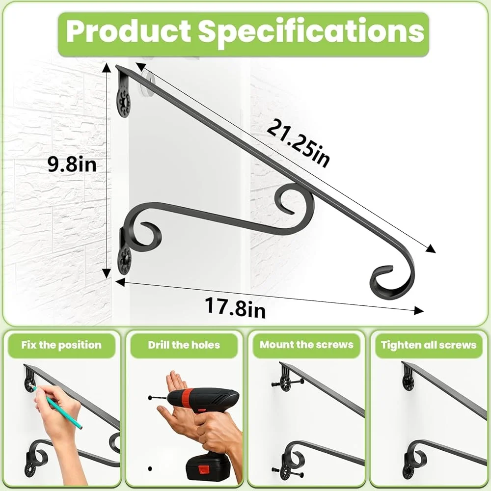 Wall Mounted Wrought Iron Handrail Outdoor Stair Railing 1-2 Steps Safe Reliable Design Easy Installation Strong Support