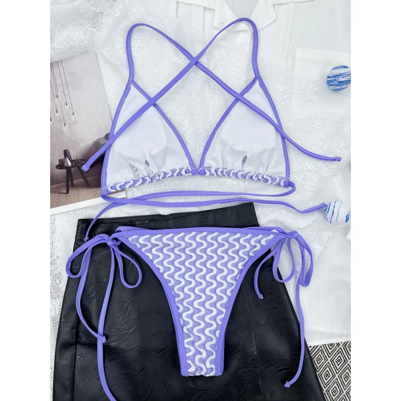 New Triangle Bag Tie Sexy Wave Print Halter Bikini SwimsuitLG42