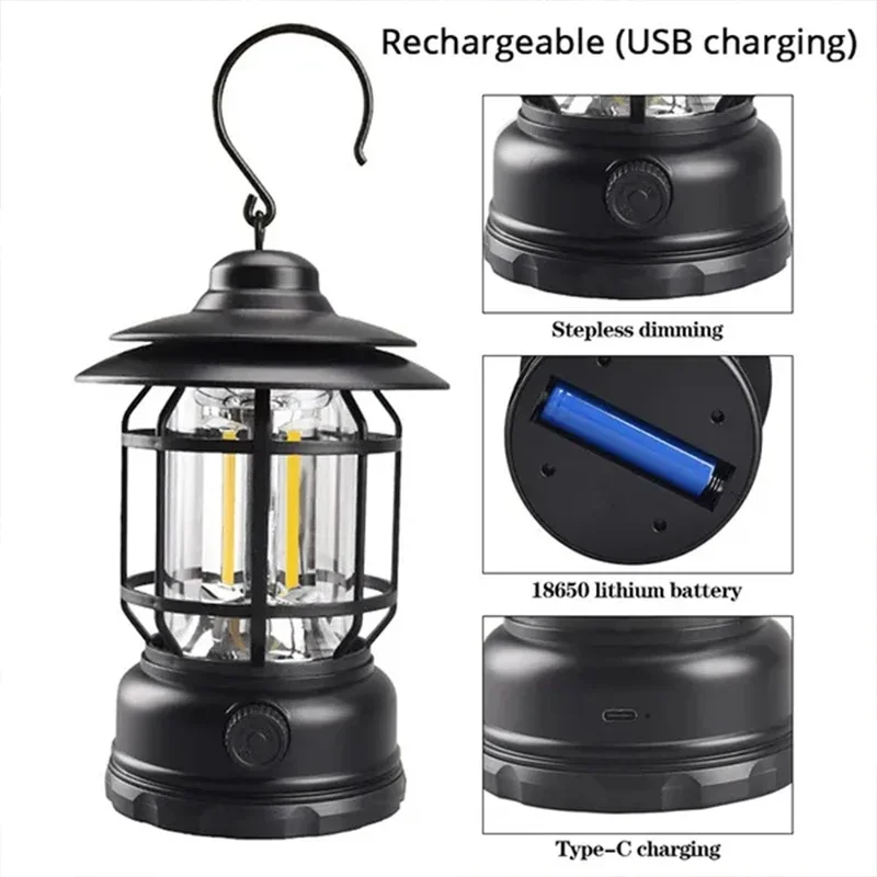 1-2Pcs Retro Camping Lamp USB Rechargeable Lantern Camping Light Lighting Lantern Lamp Torch Outdoor Camping Light Waterproof