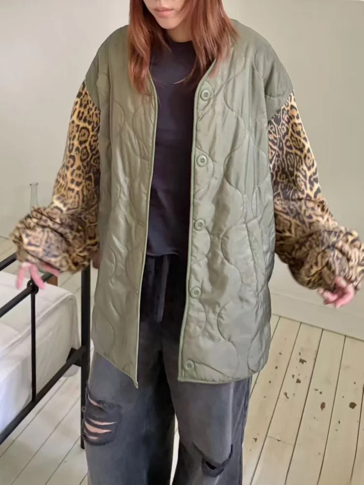 

Faionable Leopard Print Patchwork Cotton Jaet Women's Winter Warm Loose Casual Ele Color Blo Cotton Coat