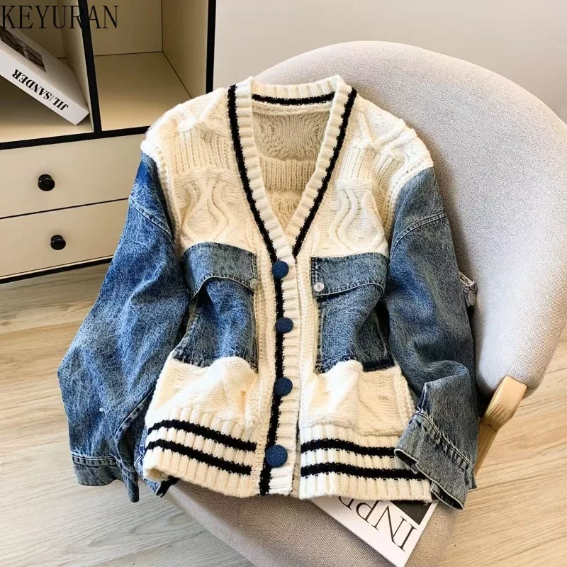

Denim Patchwork Knit Cardigan Coat Women's 2025 New Fall Winter American V-Neck Long Sleeve Casual Loose Sweater Jacket Female