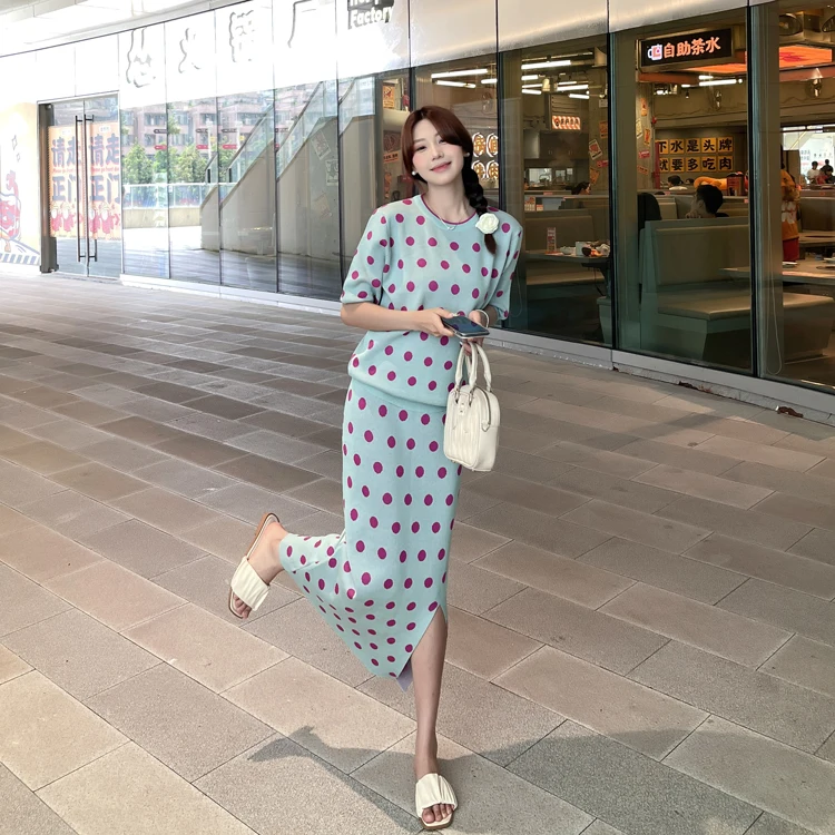 New Summer Vintage Two Piece Set Women Dot Knitted Korean Fashion O-neck Short Sleeve Pullover Sweater Top + Long Skirt Sets