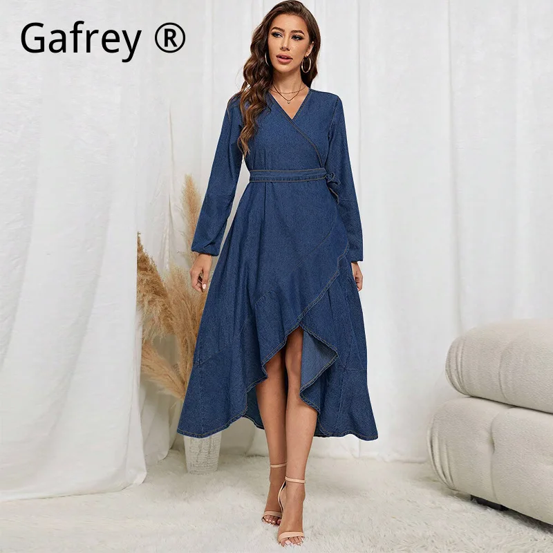 Plus Size Women Denim Dress Long Sleeve Tie Waist Asymmetric Hem Long Maxi Dress Fashion Streetwear Slim Fit Soft Jean Outfit