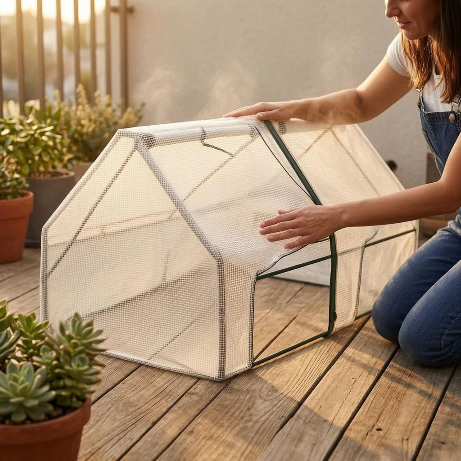 Mini Greenhouse Cylindrical Steel Frame Mesh Greenhouse Garden Enclosure Roll-up Top Plant Mesh Cover Front Openings