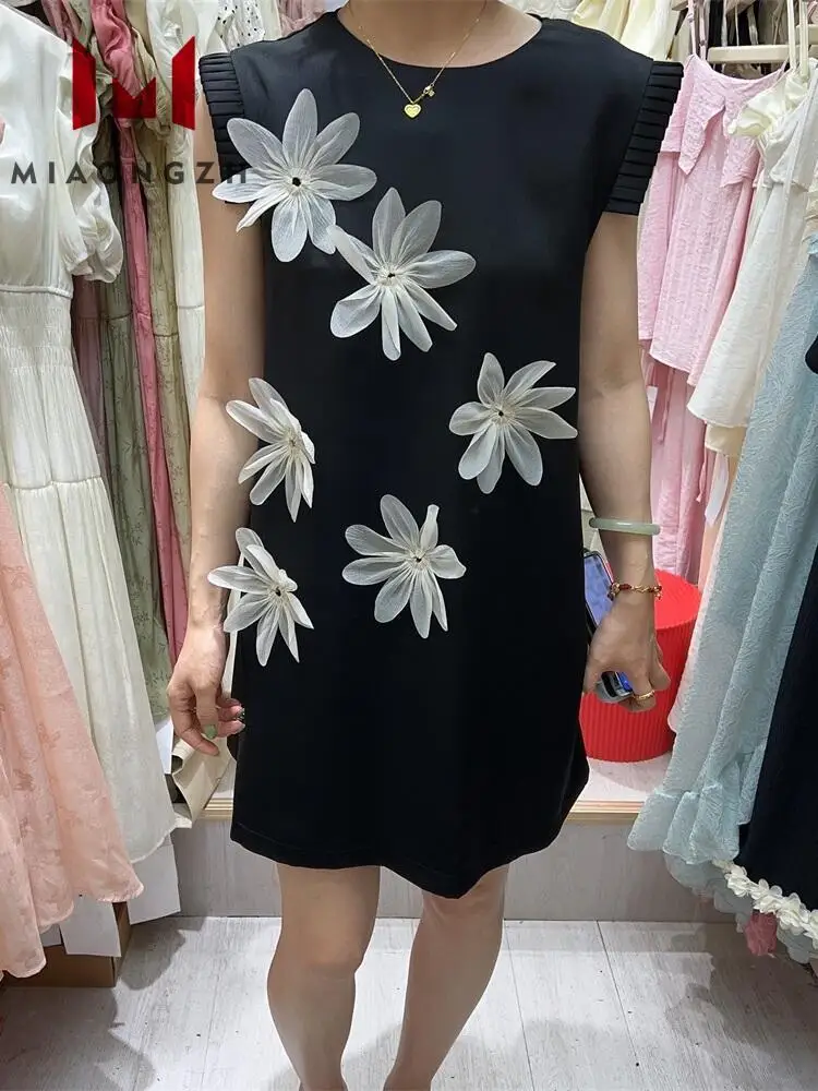 

3D Decal Black Midi Satin Dresses For Women Round Neck Sleeveless Slim 2024 Summer New Fashion Flower Streetwear Vestidos Dress