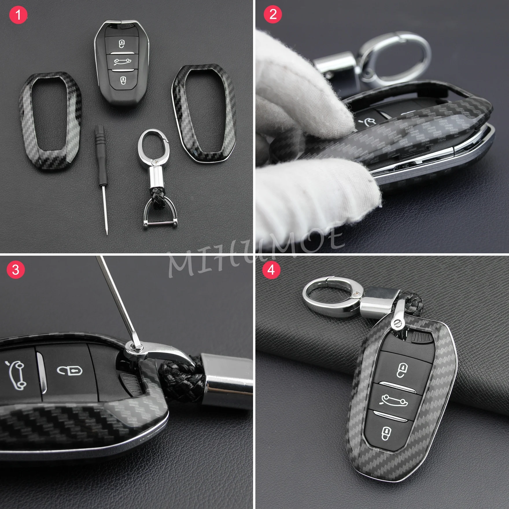 For Peugeot 208 508 2008 3008 5008 Citroen C3 C4 C5 DS 5 9 3 7 Crossback Carbon Fiber Car Smart Key Fob Cover Case Chain Ring