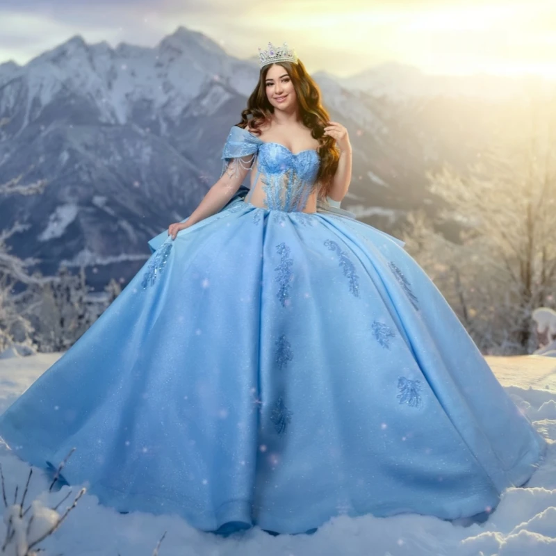 

Blue Shiny Princess Sweet 16 Dress Quinceanera Dresses Off The Shoulder Applique Lace Beading Crystal Tull Party Birthday Vestid