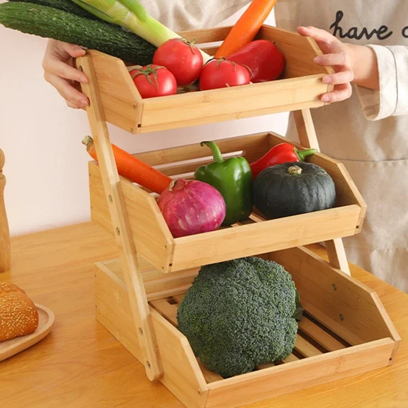 

Bamboo Multi-Layer Storage Basket Kitchen Organizer for Fruits and Vegetables Multi-Purpose Draining Shelf