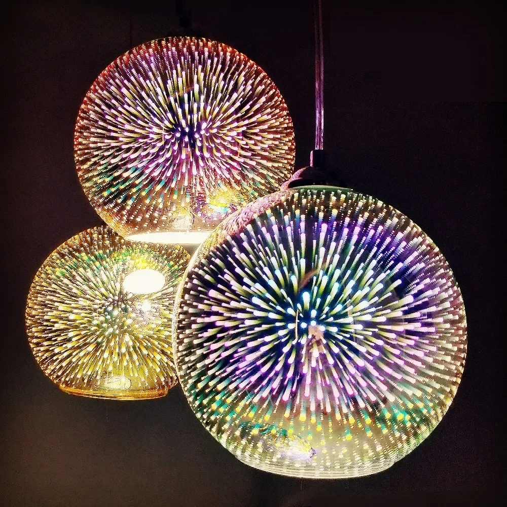 Modern 3D Fireworks LED Pendant Light, Bola de vidro colorido chapeado, Pendurado Flash Fixture, Bar Lâmpada, Sala de jantar, Decorado Lâmpada de cozinha