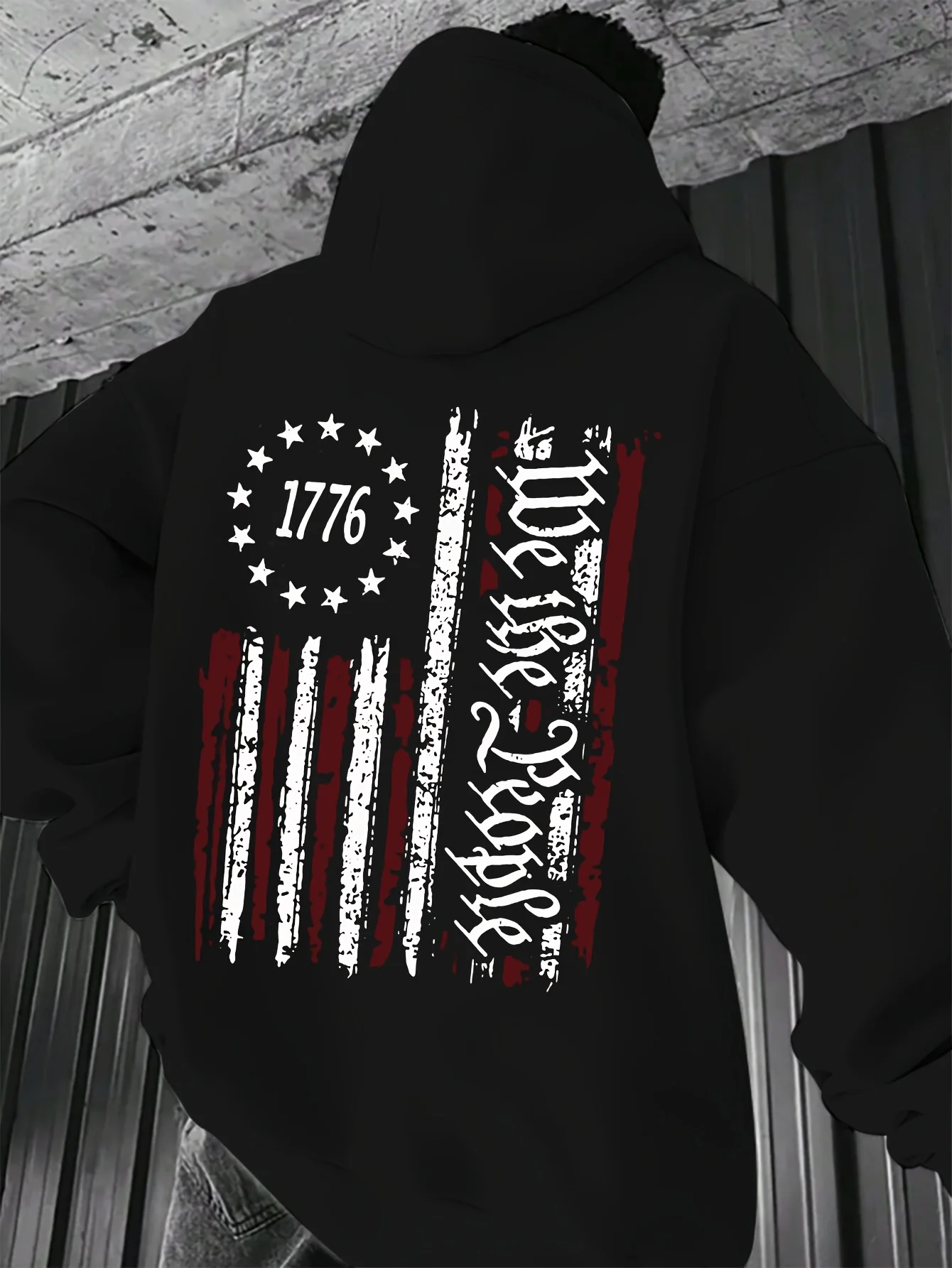 Men's Flag Hoodie with 1776 and 76 Stars Printed on the Back - Casual Pullover, Machine Washable, Regular Fit (Burgundy White) - Independence Day Clothing, American-Themed Patriotic Apparel