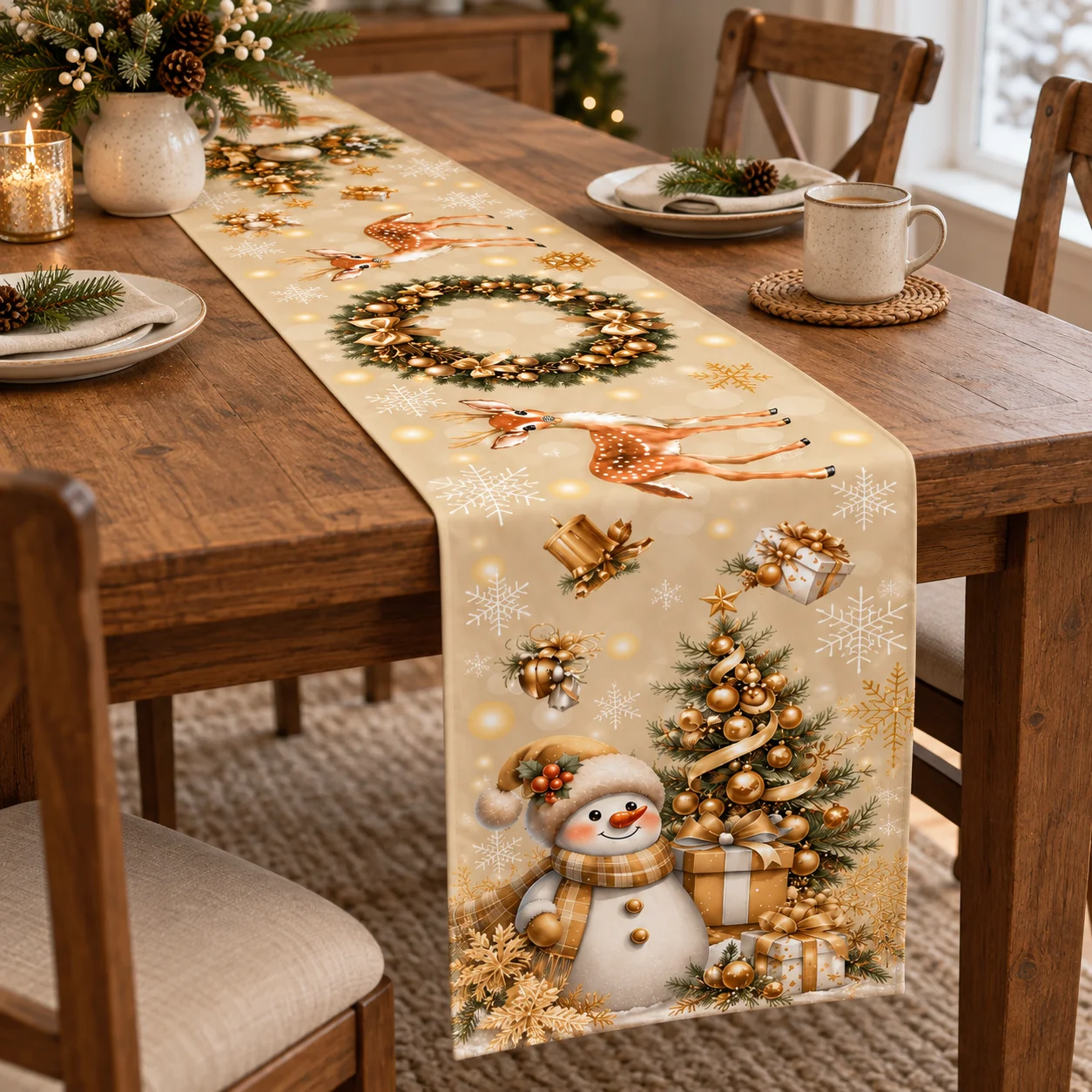 Christmas Table Runner Snowman Tree Wreath Reindeer Pattern, Golden Xmas Tablecover, Winter Holiday Home Decor for Dining Table