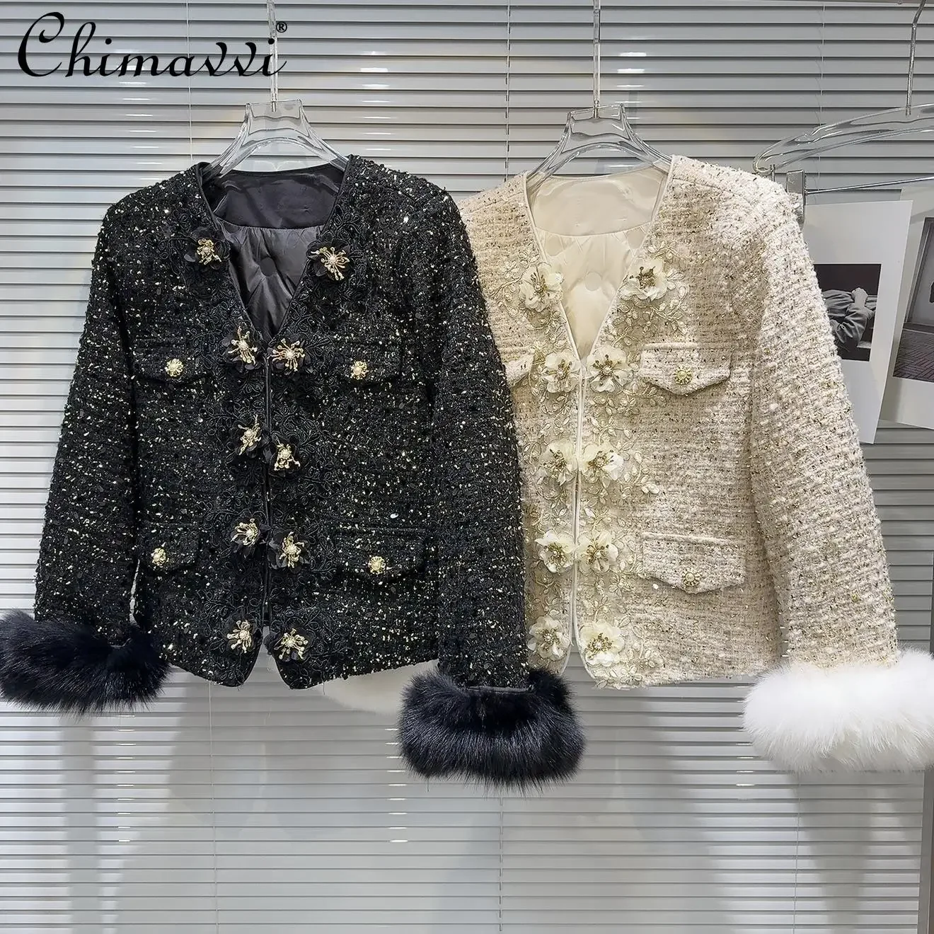 

2024 Winter New High-end Light Luxury Fox Fur Sleeve Tweed Jacket Women Fashion Women's Warm Down Inner Elegant Short Coat