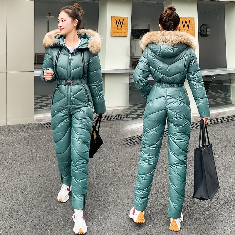 Women's 2024 Winter New Outdoor Casual One-piece Ski Suit Slim Solid Color Zipper Cotton Suit Women's Tide