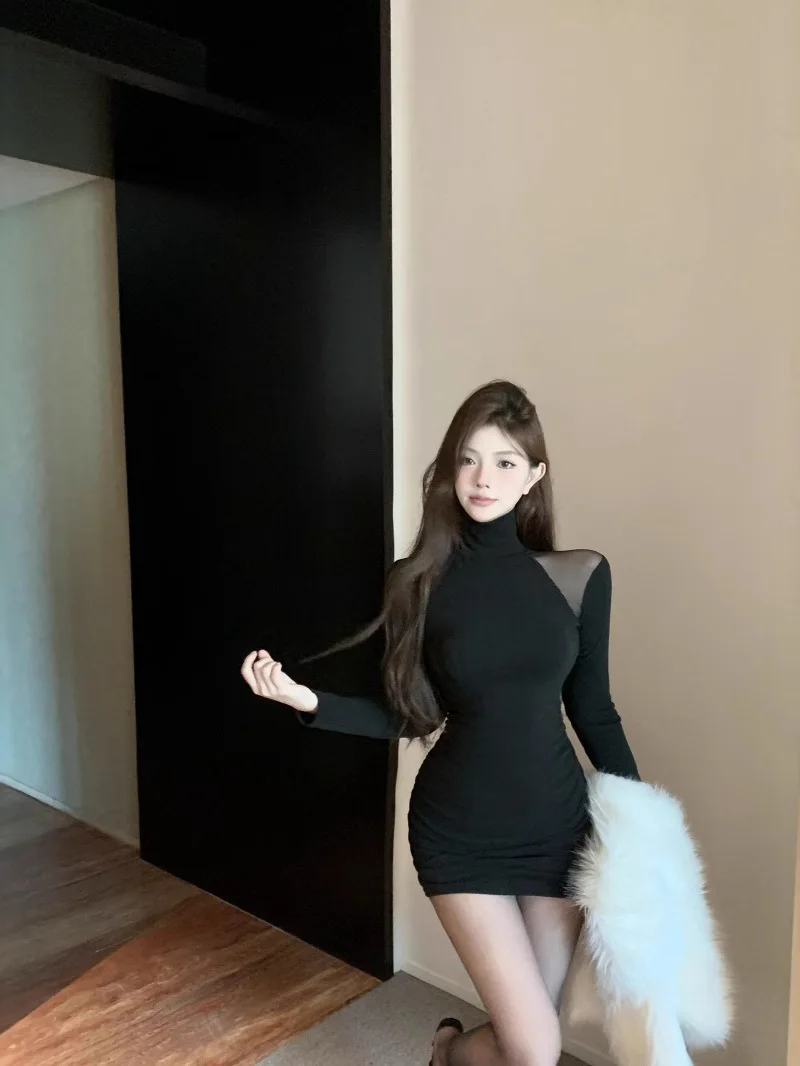 เวอร์ชั่นเกาหลีคอสูงแขนยาวชุดผู้หญิง Cinching เอวห่อสะโพก Hollow OUT SHEER ชุดเดรสสั้น