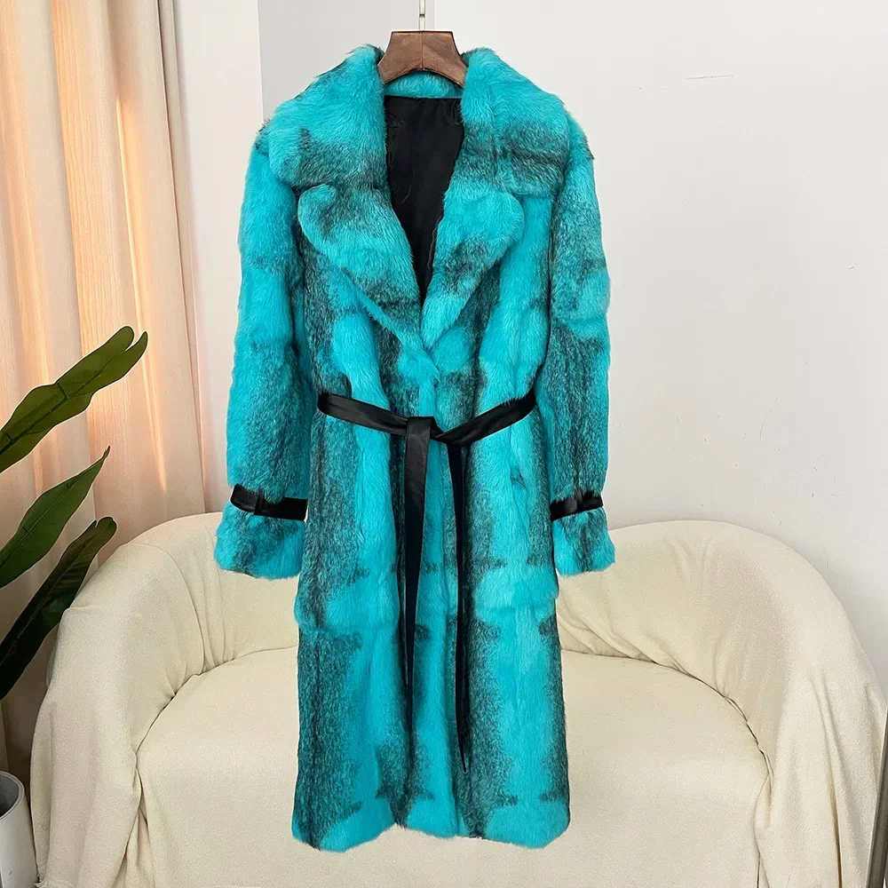 Autumn Winter Over Knee Whole Leather Imported Rabbit Fur Coat Women Fashion Leopard Print Coat Thickened Warm Fur Integrated