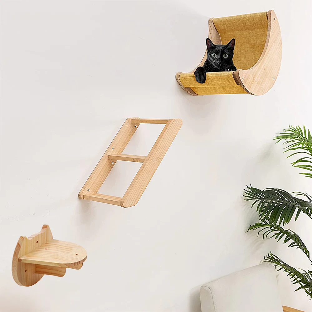 

1pc Cat Climbing Shelves Wall Mount Cat Hammock Climbing Shelves Stairs Indoor Pine Wood Wall Mounted Cat Tree Climber Furniture