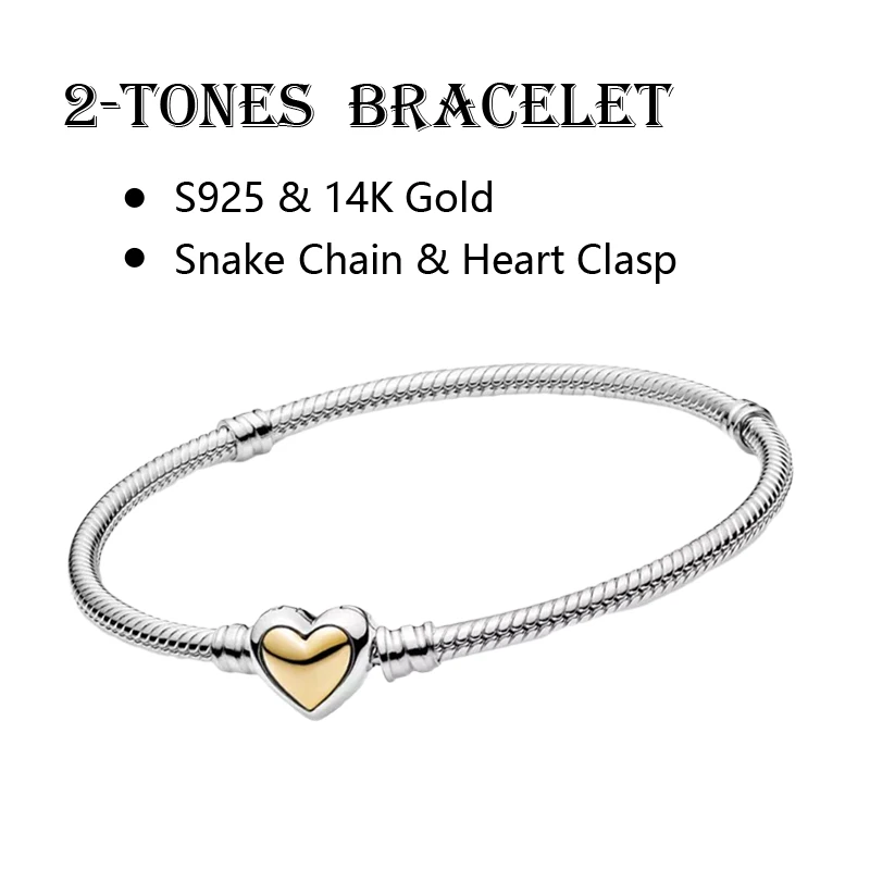 2 Tones Wrist Charm Bracelets For Women Fine Jewelry Original 925 Sterling Silver Snake Chain Real 14K Gold 585 Dome Heart Clasp