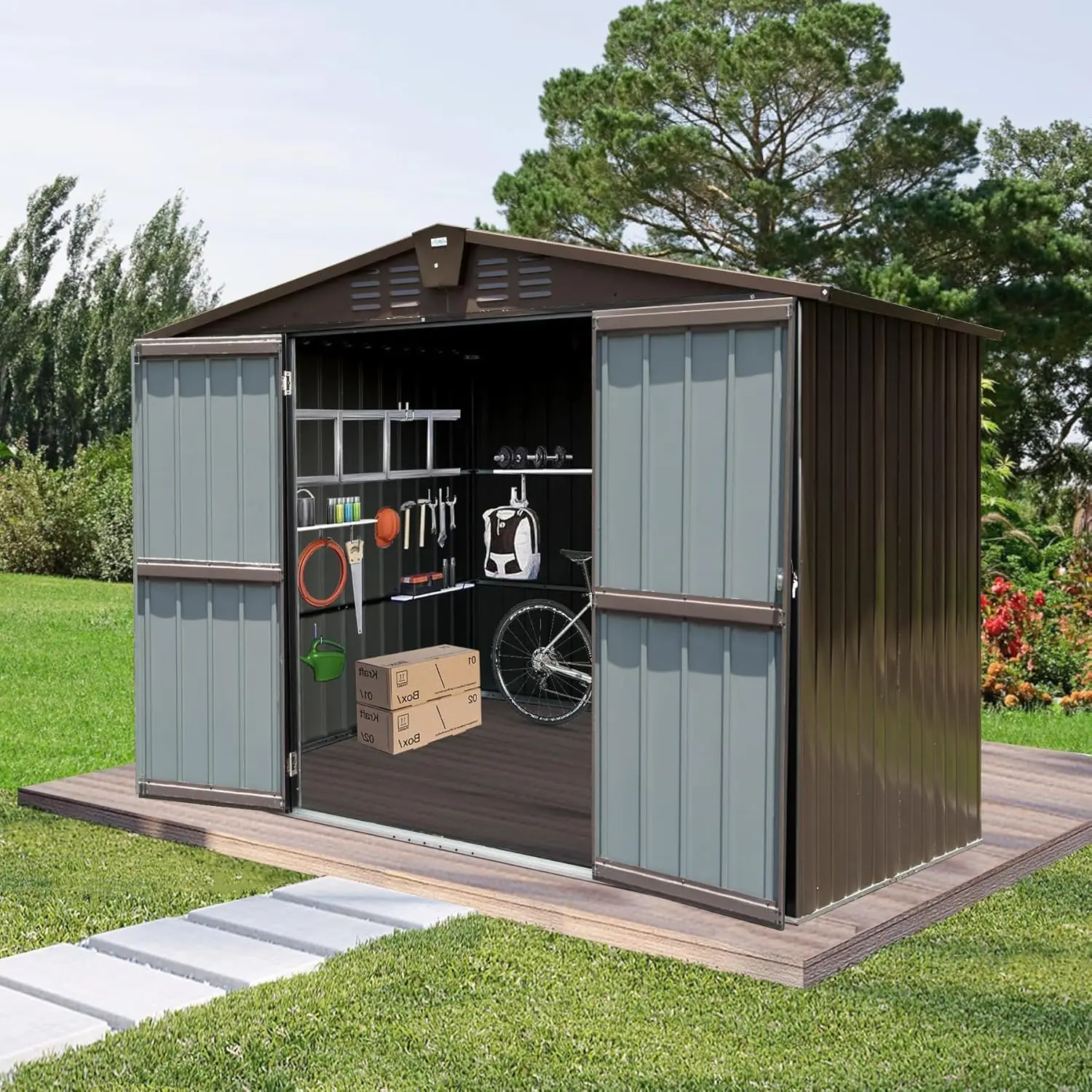 Metal Storage Shed 8.2x6.2 FT with Lockable Double Door Waterproof Large Outdoor Garden Backyard Lawn, Customized