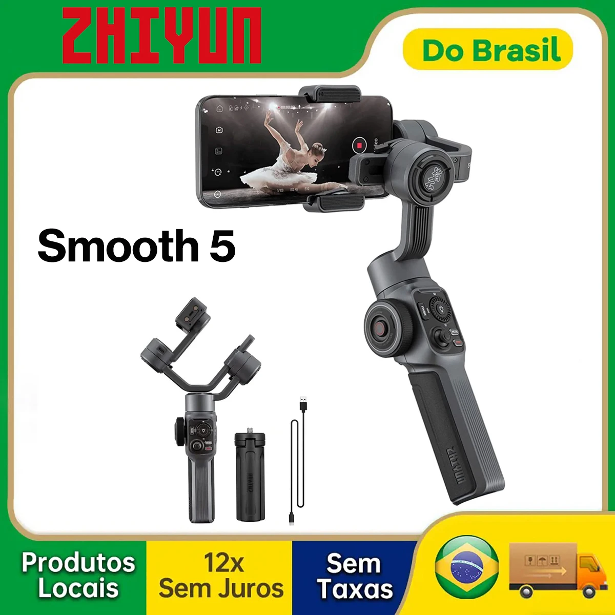 【Do Brasil】Zhiyun Smooth 5 Estabilizador Gimbal Profissional para iPhone 15 Pro Max Plus 14 13 Mini 12 11 XS XR Smartphone Android