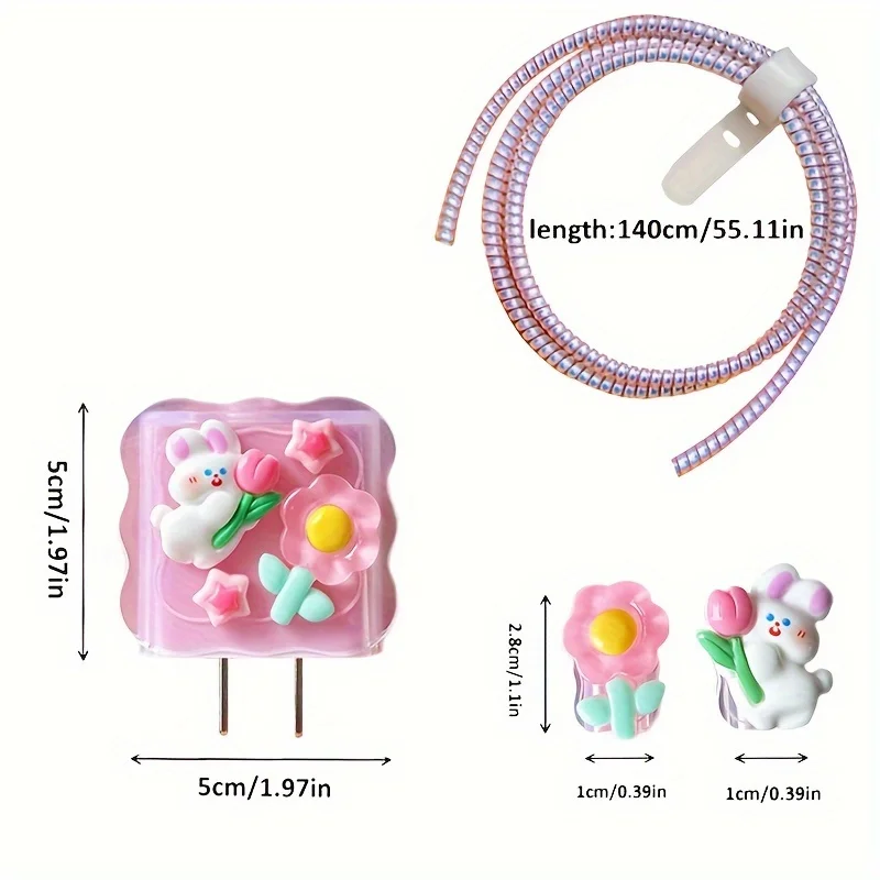 3D Pink Flower Charger Cable Protector for iPhone 17 16 Pro Max 15 14 13 18W 20W Fast Charging Data Line Winder Sleeve